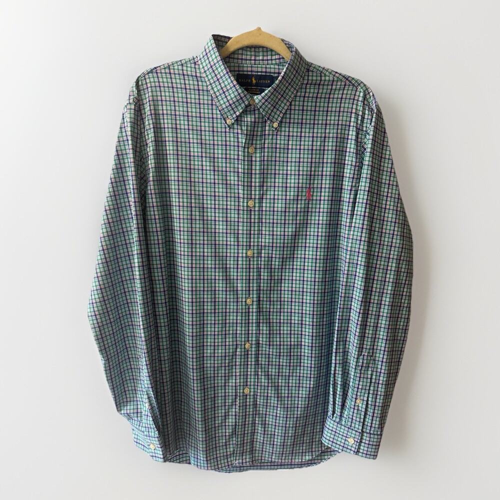 Ralph Lauren M Blue Pink Green Oxford Nylon Classic Performance L Button Shirt